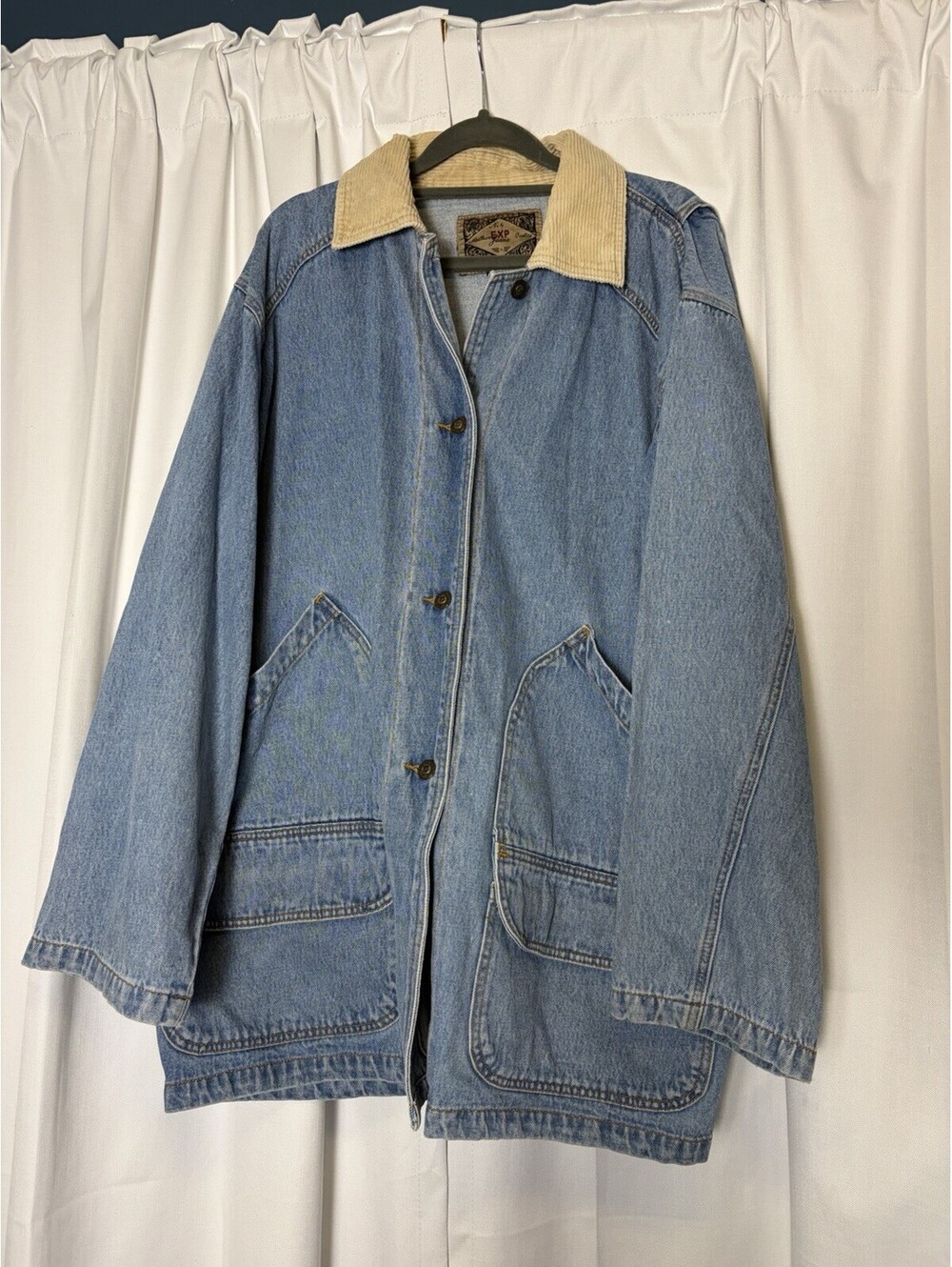 Vintage 90s Express Denim Chore Jacket With Tan Corduroy Collar Size Large - Picture 2 of 6